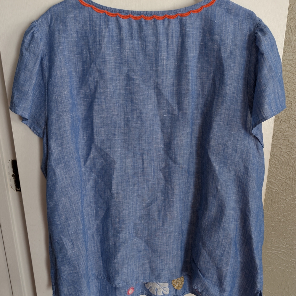 Talbots Blue Chambray Tropical Embroidered Blouse - Picture 3 of 7